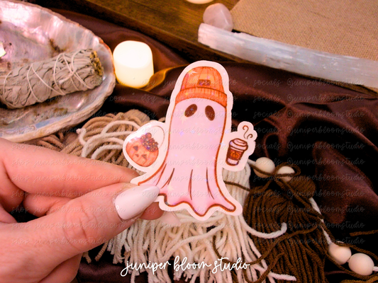 chill beanie ghost holographic sticker | spooky PSL halloween ghost sticker