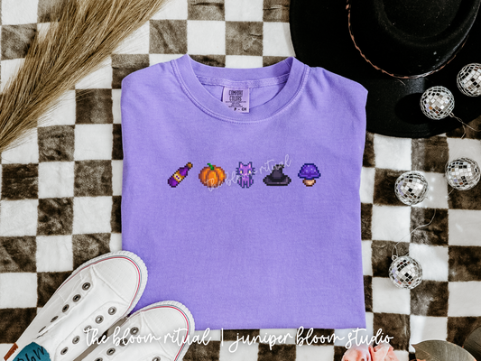 witchy fall vibes pixel art cozy t-shirt | cozy gift for gamers