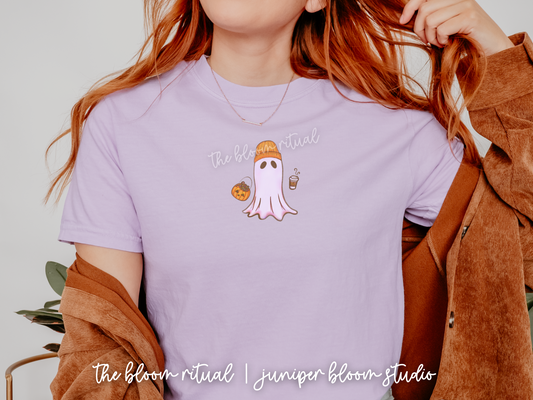 pumpkin latte ghost comfy t-shirt | halloween gift for fall cute spooky