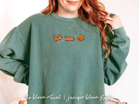 orange pixel cat cozy crewneck sweatshirt | cozy gift for gamers