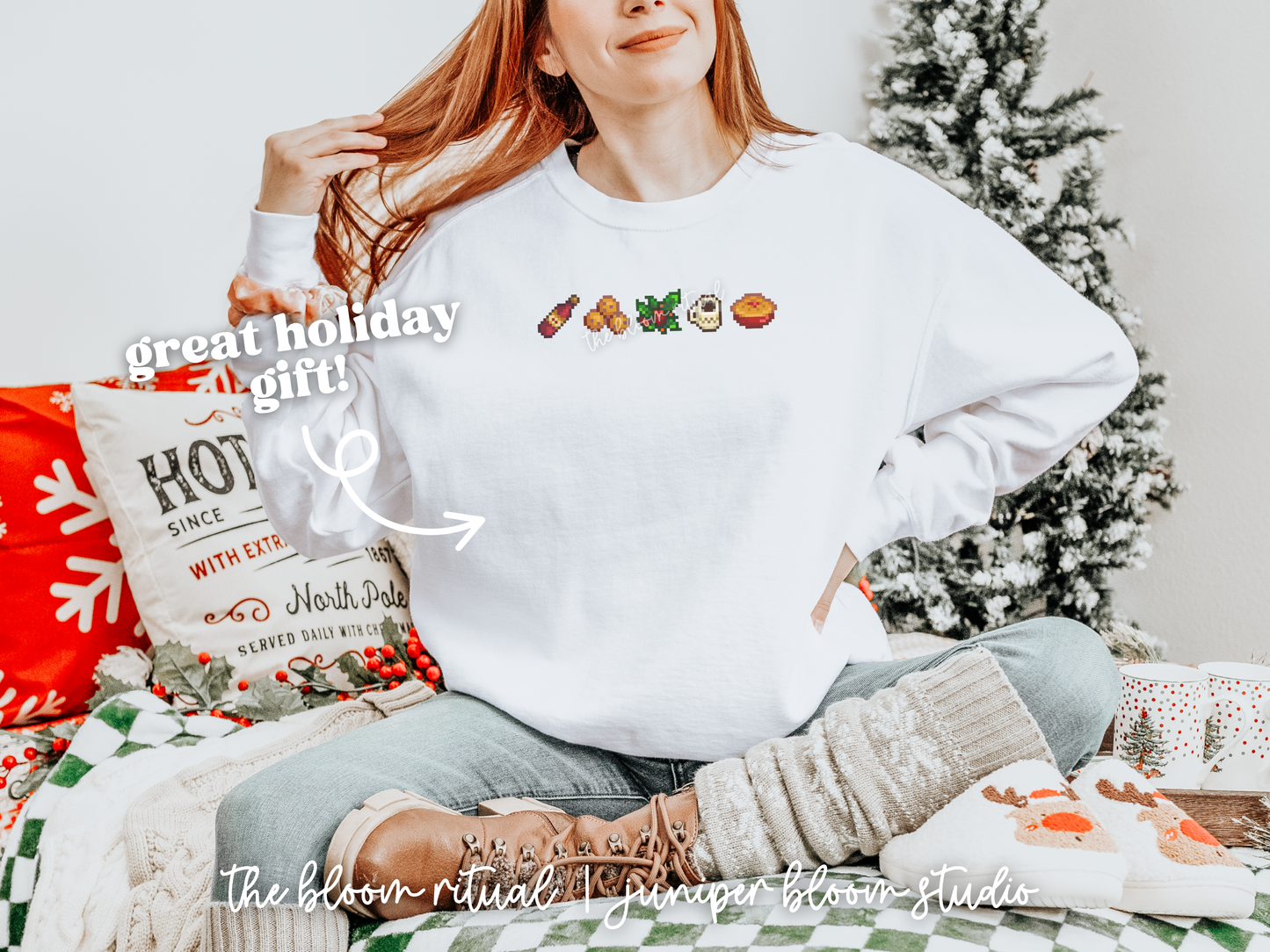 winter holiday vibes (white) pixel art cozy crewneck sweatshirt | cozy gift for gamers