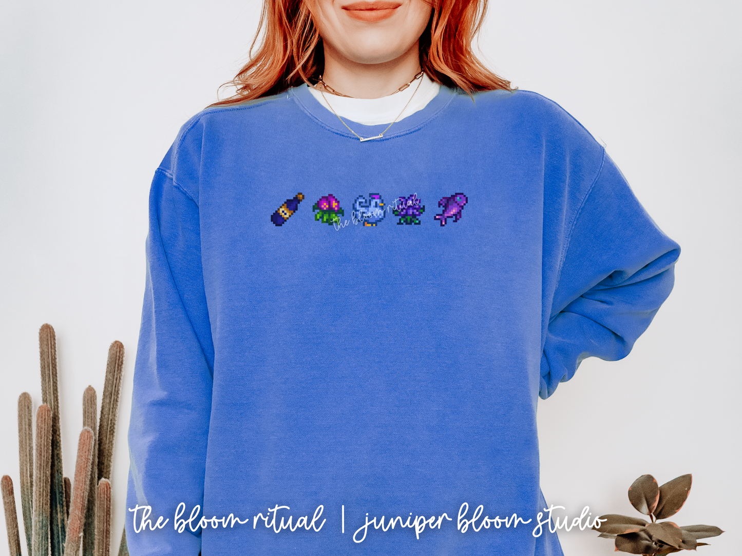 blue chicken theme pixel art cozy crewneck sweatshirt | cozy gift for gamers