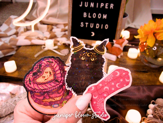 sweet & spooky holographic sticker bundle | spooky cat cake cowgirl boot halloween sticker set