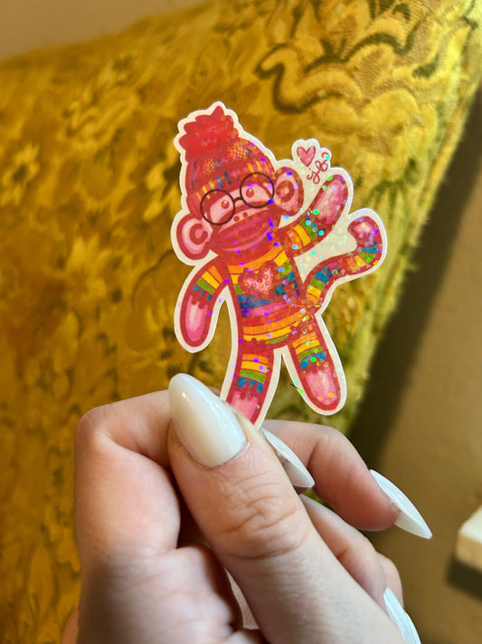 holographic rainbow sock monkey sticker | rainbow lgbtqia+ pride sticker