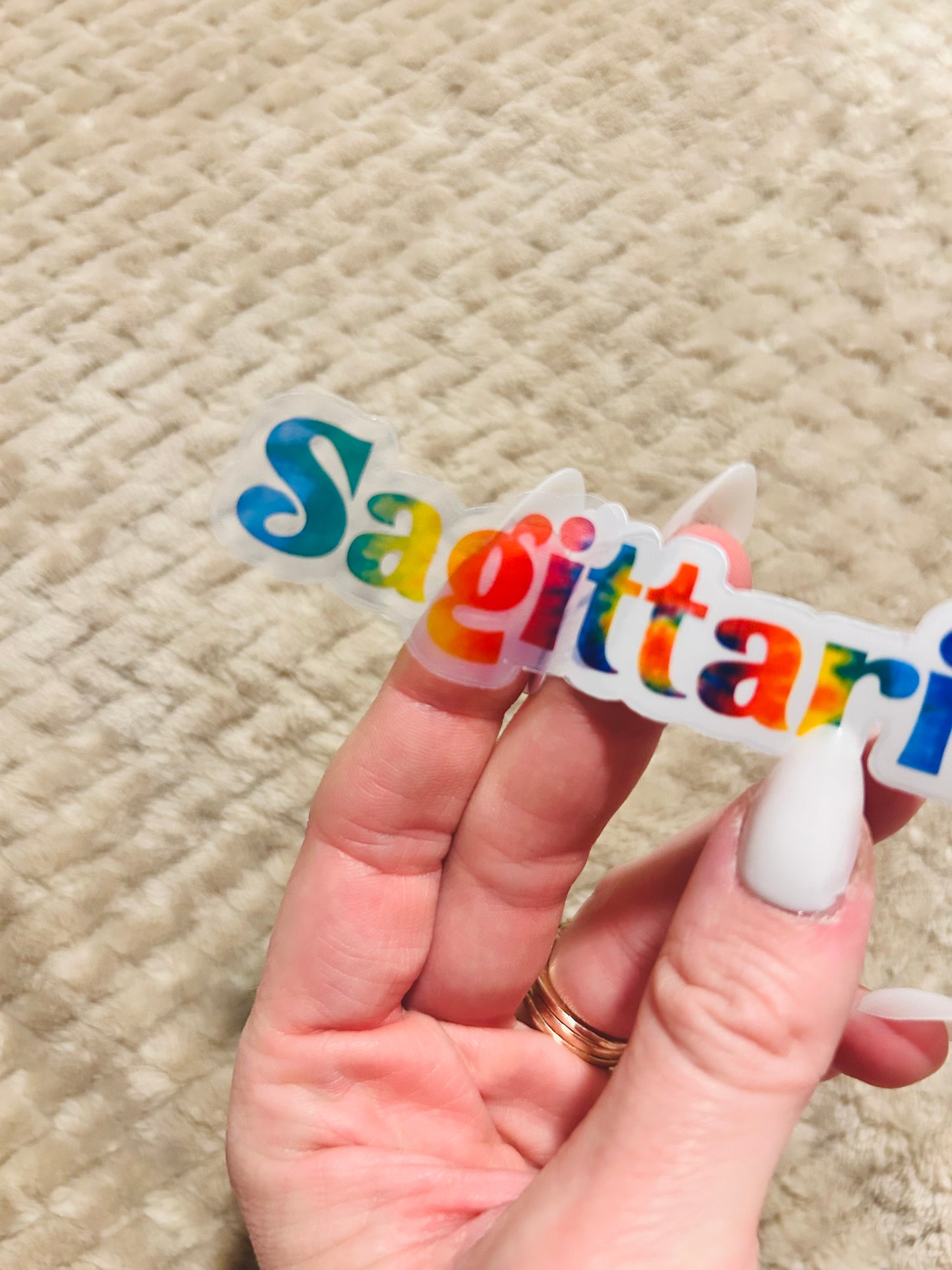 groovy tie-dye sagittarius zodiac sticker | clear border rainbow astrological sign sticker