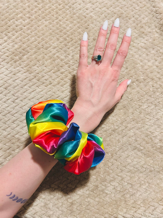 oversized vivid rainbow pride scrunchie | rainbow lgbtqia+ hair scrunchie