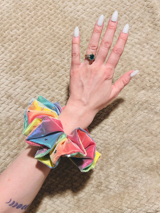 luxe oversized celestial rainbow pride scrunchie | rainbow lgbtqia+ hair scrunchie