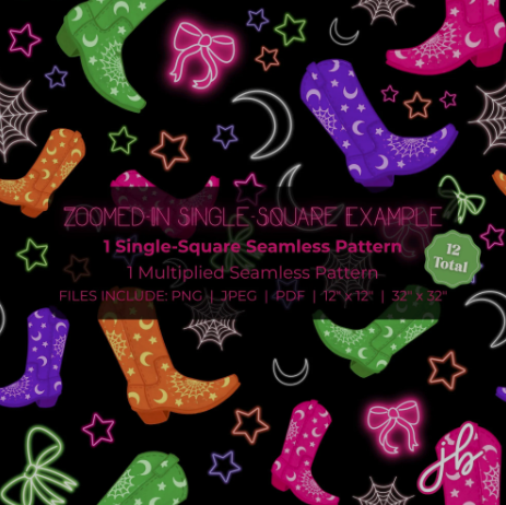 neon cowboy boots digital seamless pattern | halloween vaporwave western coquette print at home downloadable digital pattern