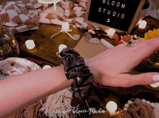 grey stars scrap scrunchie | black and white celestial hair scrunchie