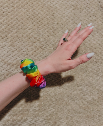 petite vivid rainbow pride scrunchie | rainbow lgbtqia+ hair scrunchie