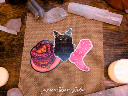 sweet & spooky holographic sticker bundle  |  spooky cat cake cowgirl boot halloween sticker set