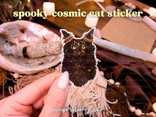 black cat holographic sticker  |  spooky halloween witchy sticker