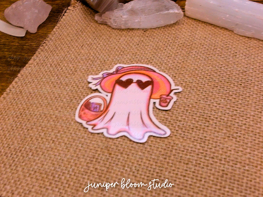 beach babe summerween holographic sticker  |  spooky summer halloween ghost sticker