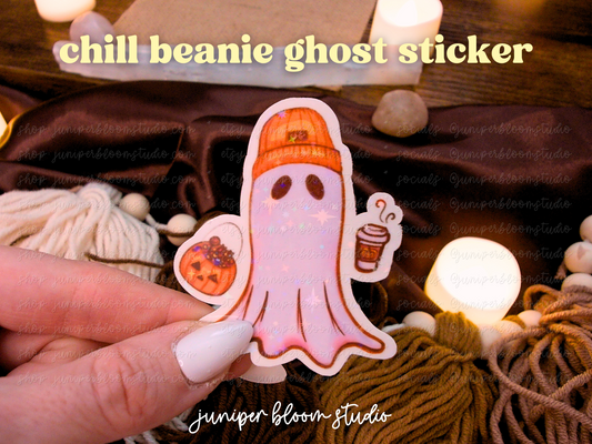 chill beanie ghost holographic sticker  |  spooky PSL halloween ghost sticker