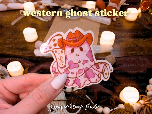 western ghost holographic sticker  |  spooky cowboy halloween ghost sticker