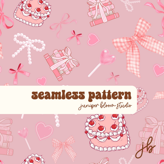 pink coquette bows & cake digital seamless pattern | coquette print at home downloadable digital pattern