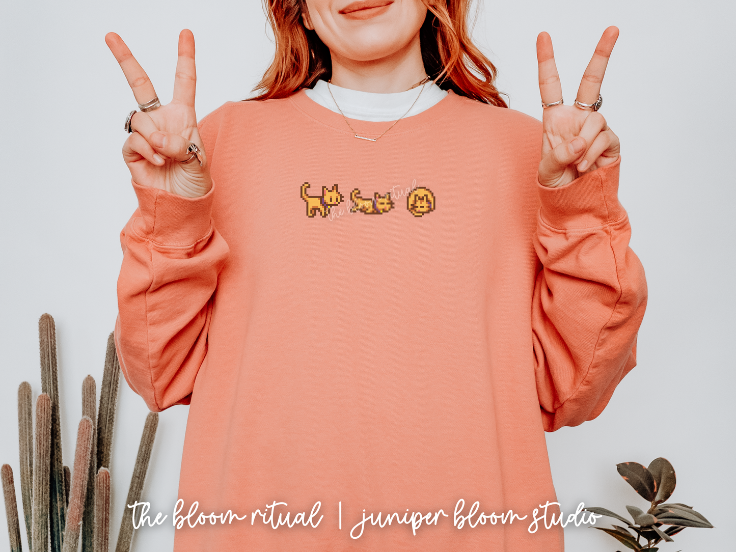 light orange pixel cat cozy crewneck sweatshirt  |  cozy gift for gamers