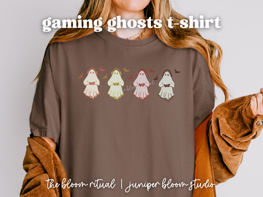 colorful retro gamer ghosts comfort colors shirt  |  halloween gift for fall autumn gamer ghosts