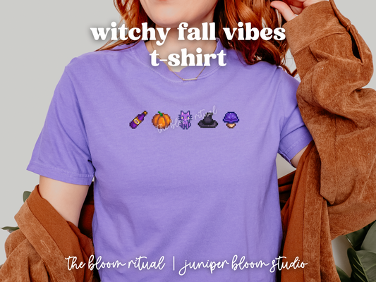 witchy fall vibes pixel art cozy t-shirt  |  cozy gift for gamers