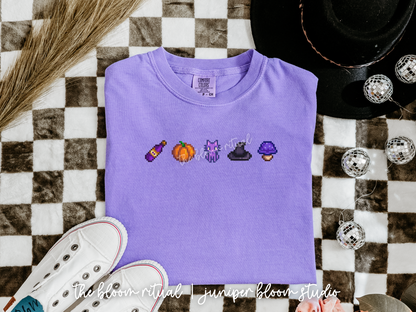 witchy fall vibes pixel art cozy t-shirt  |  cozy gift for gamers