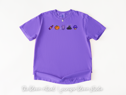 witchy fall vibes pixel art cozy t-shirt  |  cozy gift for gamers