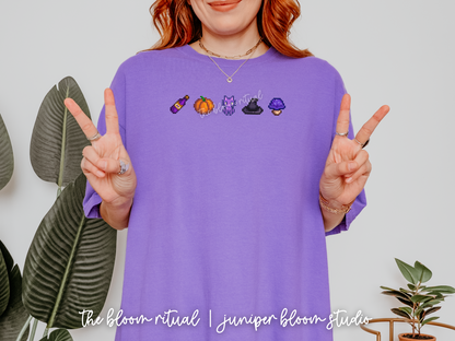 witchy fall vibes pixel art cozy t-shirt  |  cozy gift for gamers