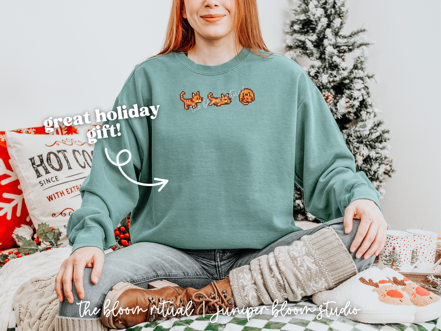 orange pixel cat cozy crewneck sweatshirt  |  cozy gift for gamers