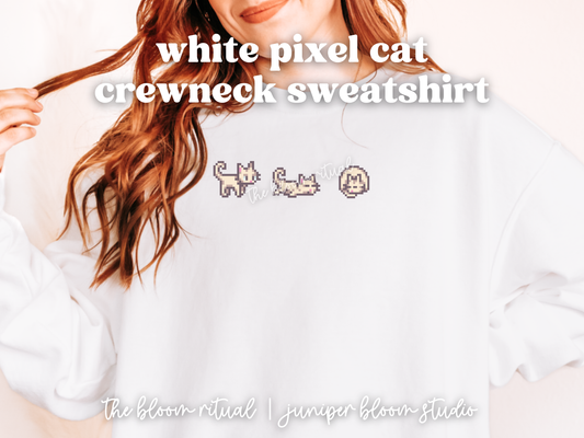 white pixel cat cozy crewneck sweatshirt  |  cozy gift for gamers