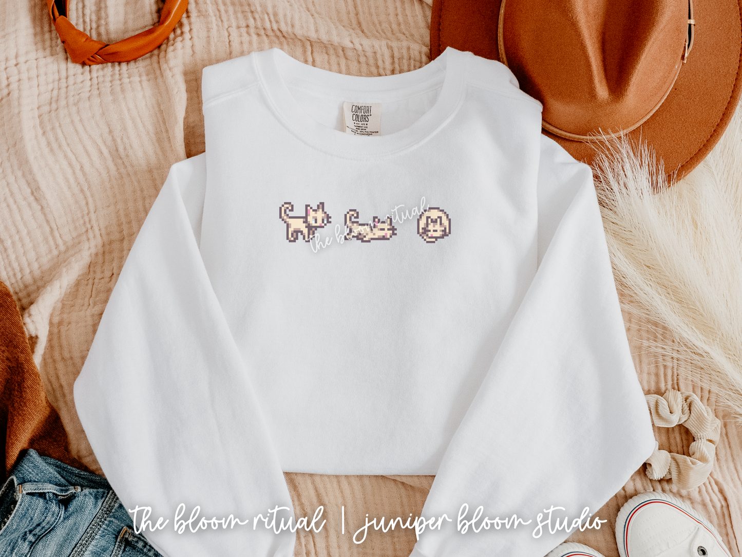 white pixel cat cozy crewneck sweatshirt  |  cozy gift for gamers