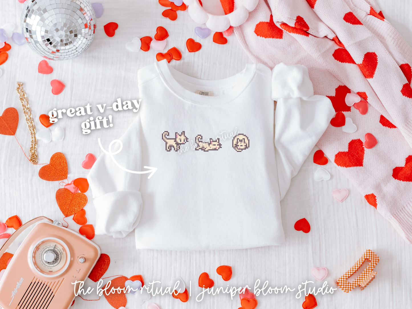 white pixel cat cozy crewneck sweatshirt  |  cozy gift for gamers