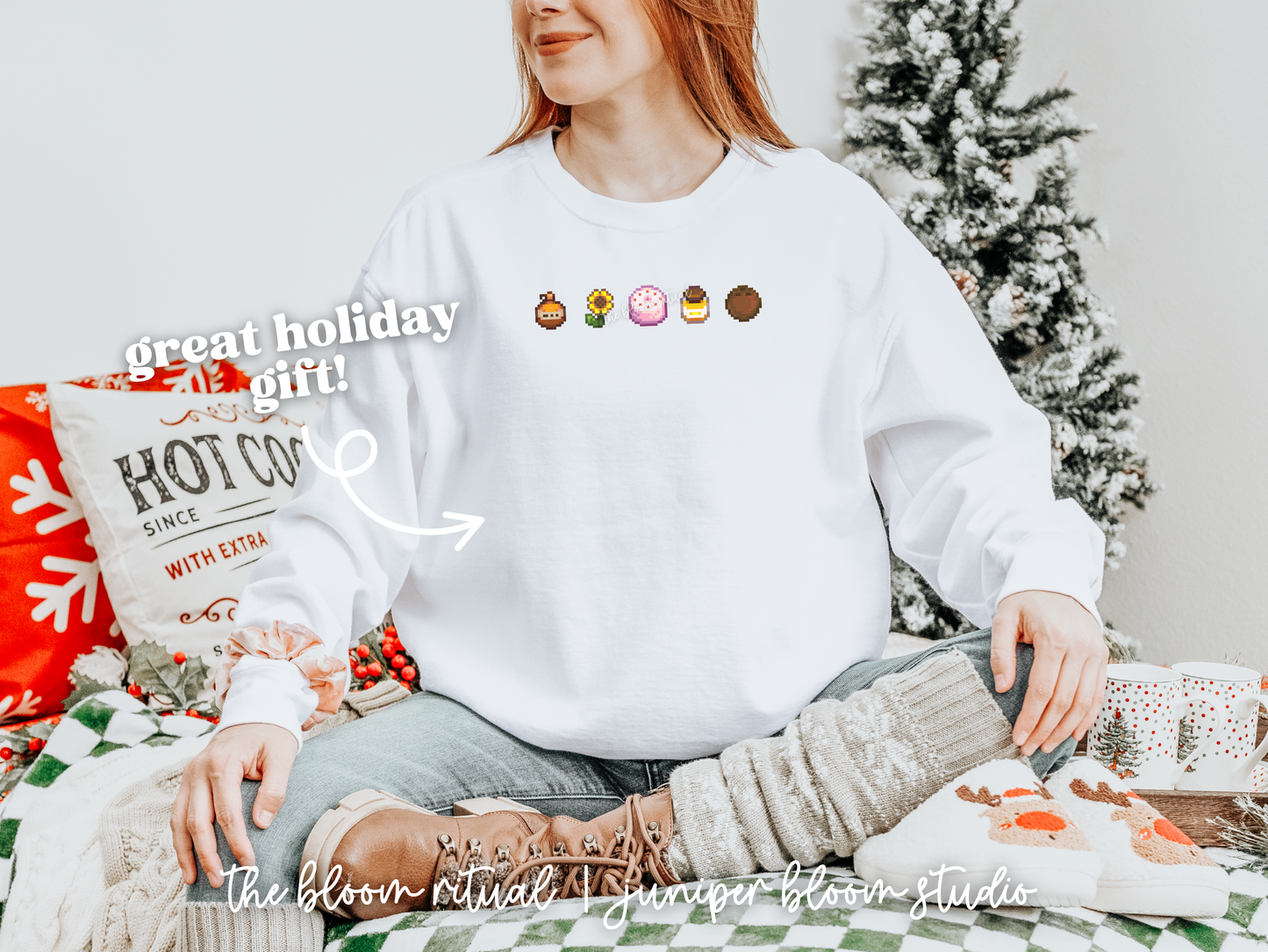 gifts for haley pixel art cozy crewneck sweatshirt  |  cozy gift for gamers