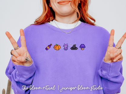 witchy fall vibes pixel art cozy crewneck sweatshirt  |  cozy gift for gamers