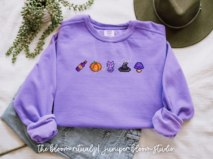 witchy fall vibes pixel art cozy crewneck sweatshirt  |  cozy gift for gamers