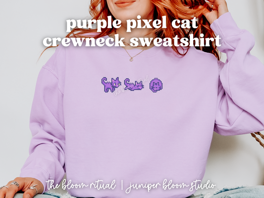 purple pixel cat art cozy crewneck sweatshirt  |  cozy gift for gamers