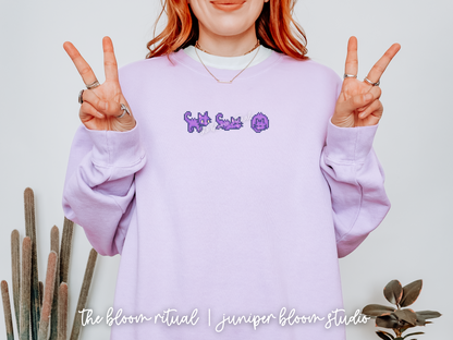 purple pixel cat art cozy crewneck sweatshirt  |  cozy gift for gamers
