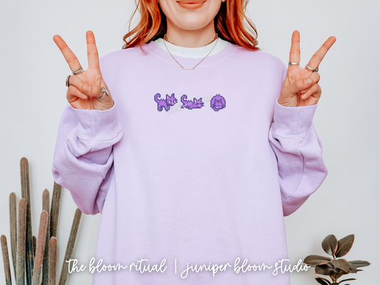 purple pixel cat art cozy crewneck sweatshirt  |  cozy gift for gamers