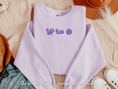 purple pixel cat art cozy crewneck sweatshirt  |  cozy gift for gamers