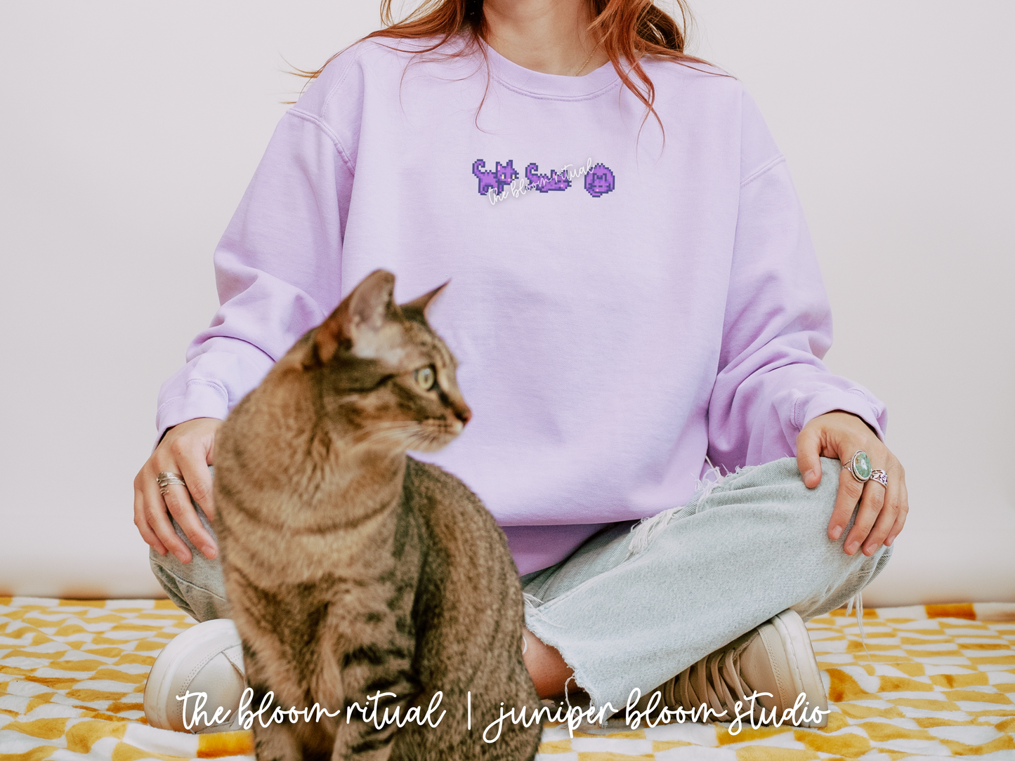 purple pixel cat art cozy crewneck sweatshirt  |  cozy gift for gamers
