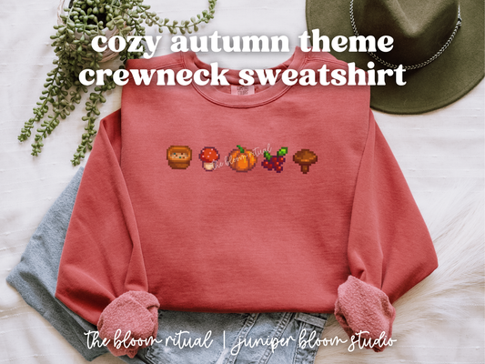 cozy autumn theme pixel art crewneck sweatshirt  |  cozy gift for gamers