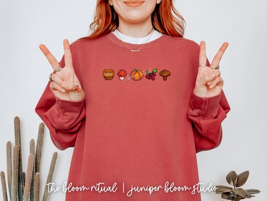 cozy autumn theme pixel art crewneck sweatshirt  |  cozy gift for gamers