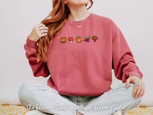 cozy autumn theme pixel art cozy crewneck sweatshirt  |  stardew valley inspired gift for gamers - comfort colors