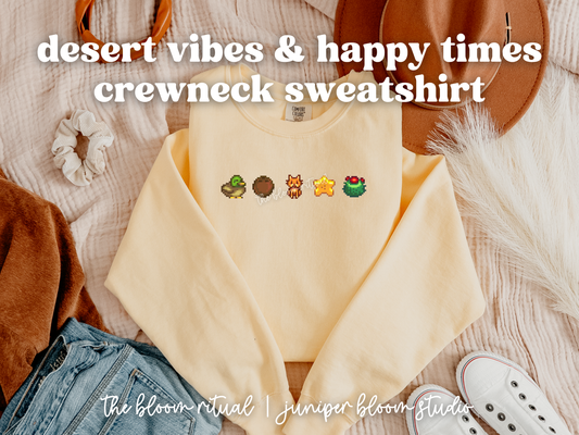 desert vibes & happy times pixel art cozy crewneck sweatshirt  |  cozy gift for gamers