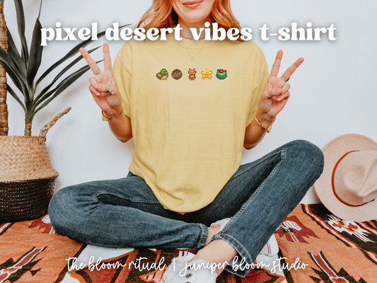 desert vibes & happy times pixel art cozy t-shirt |  cozy gift for gamers