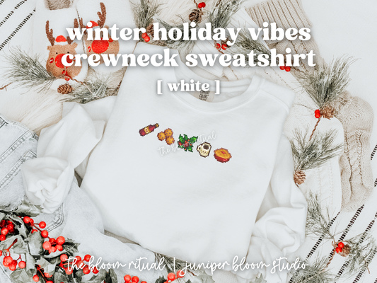 winter holiday vibes (white) pixel art cozy crewneck sweatshirt  |  cozy gift for gamers