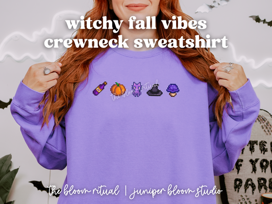 witchy fall vibes pixel art cozy crewneck sweatshirt  |  cozy gift for gamers