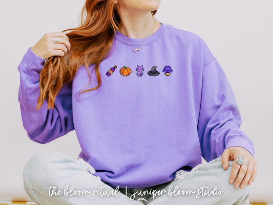 witchy fall vibes pixel art cozy crewneck sweatshirt  |  cozy gift for gamers