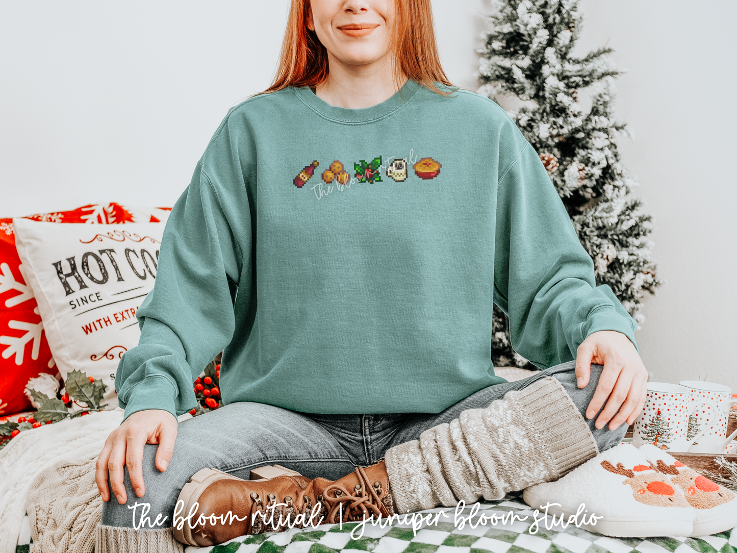 winter holiday vibes pixel art cozy crewneck sweatshirt  |  cozy gift for gamers