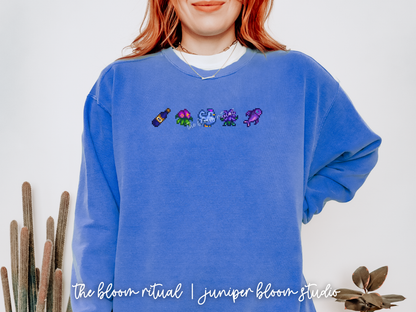 blue chicken theme pixel art cozy crewneck sweatshirt  |  cozy gift for gamers