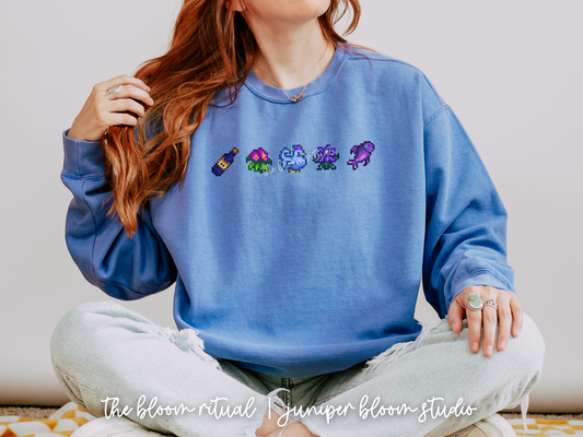 blue chicken theme pixel art cozy crewneck sweatshirt  |  cozy gift for gamers