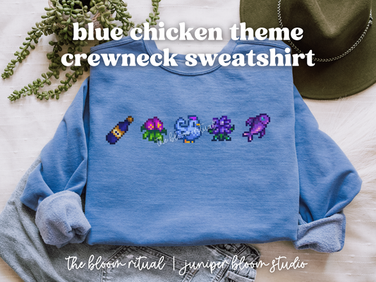 blue chicken theme pixel art cozy crewneck sweatshirt  |  cozy gift for gamers